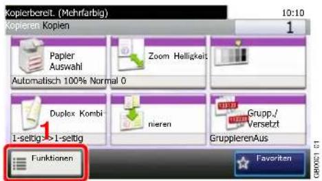 Kopierbereit. (Mehrfarbig) Kopieren Kopien 10:10 1 Papier Auswahl Zoom Helligkeit Automatisch 100% Normal 0 Duplex Kombi nieren Grupp./ Versetzt GruppierenAus 1-seltig->1-seltig Funktionen Favorite