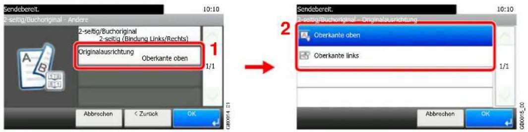 Sendebereit. 2-seitig/Buchoriginal - Andere 2-seitig/Buchoriginal 2-seitig (Bindung Links/Rechts) Originalausrichtung Oberkante oben 1/1 Abbrechen < Zurück OK Sendebereit. 2-seitig/Buchoriginal - Originalausrichtung Oberkante oben Oberkante links 1/1 Abbrechen OK GBD014_01