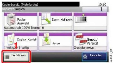 Kopierbereit. (Mehrfarbig) 10:10 1 Kopieren Kopien Papier Auswahl Automatisch 100% Normal 0 Zoom Helligkeit Duplex Kombi 1-seitig >1-seitig nieren Grupp./ Versetzt GruppierenAus Funktionen Favorite GB0007-01