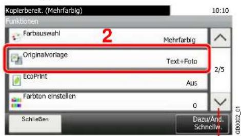 Kopierbereit. (Mehrfarbig) 10:10 Funktionen Farbauswahl 2 Mehrfarbig Originalvorlage Text+Foto 2/5 EcoPrint Aus Farbiton einstellen 0 Schließen Dazu/And. Schnellw. GB0022-01