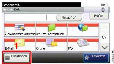 Sendebereit. 10:10 0 Senden Ziel: Neuaufruf Prüfen Zielwahltaste Adressbuch Ext. Adressbuch E-Mail 1 Ordner FAX Funktionen Favorite