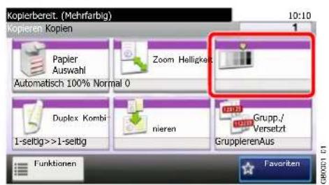 Kopierbereit. (Mehrfarbig) 10:10 1 Kopieren Kopien Papier Auswahl Automatisch 100% Normal 0 Zoom Helligkeit Duplex Kombi- 1-seltig>>1-seltig nieren Grupp./ Versetzt GrupplerenAus Funktionen Favorite GBROD BY 1