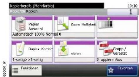Kopierbereit. (Mehrfarbig) 10:10 Kopieren Kopien Papier Auswahl Automatisch 100% Normal 0 Zoom Helligkeit Duplex Kombi- 1-seitig>>1-seitig nieren Grupp./ Versetzt GruppierenAus Funktionen Favorite