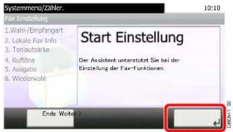 Systemmenu/Zähler. 10:10 Fax Einstellung 1. Wahl-/Empfangart 2. Lokale Fax Info 3. Tonjausärke 4. Ruftöne 5. Ausgabe 6. Wiederwahl Start Einstellung Der Assistent unterstützt Sie bei der Einstellung der Fax-Funktionen. Ende Weiter >