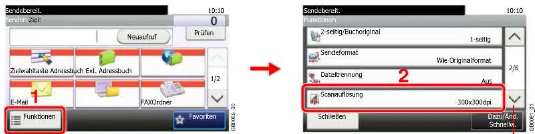 Sendebereit. 10:10 Senden Ziel: 0 Neuaufruf Prüfen Zielwahltaste Adressbuch Ext. Adressbuch 1/2 E-Mail FAXOrdner Funktionen Favorite GBD005-18 → Sendebereit. 10:10 Funktionen 2-seitig/Buchoriginal 1-seitig Sendeformat Wie Originalformat 2/6 Dateltrennung Aus Scanauflösung 300x300dpi Schließen Dazu/And, Schneliv. GBD001-01