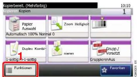 Kopierbereit. (Mehrfarbig) 10:10 Kopierer: Kopien Papier Auswahl Automatisch 100% Normal 0 Zoom Helligkeit Duplex Kombi- 1-seltig->1-seltig nieren Grupp./ Versetzt GruppierenAus Funktionen Favorite