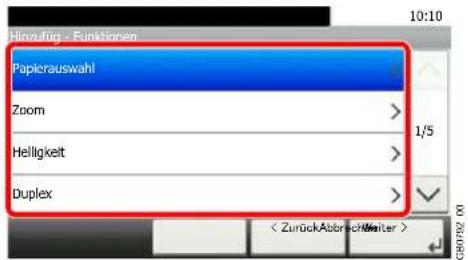 Hinzufug - Funktionen Papicauswahl Zoom > Helligkeit > Duplex > < ZurückAbbrichtWalter >