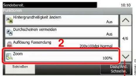 Sendebereit. 10:10 Funktionen Hintergrundhelligkeit ändern Aus Durchscheinen vermeiden Aus 4/6 Auflösung Faxsendung 2 200x100dpi Normal Zoom 100% Schließen Dazu/And. Schnelw.