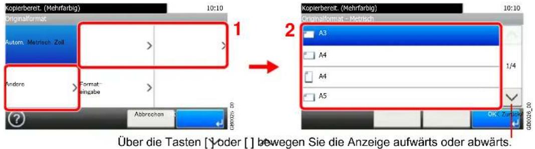 Kopierbereit. (Mehrfarbig) Originalformat Autom: Metrisch Zoll Andere Format- eingabe Abbrechen Über die Tasten [ ] oder [ ] bewegen Sie die Anzeige aufwärts oder abwärts. 10:10 1 2 Kopierbereit. (Mehrfarbig) Originalformat - Metrisch A3 A4 A4 A5 OK - Zurpfer 00 GB026_00
