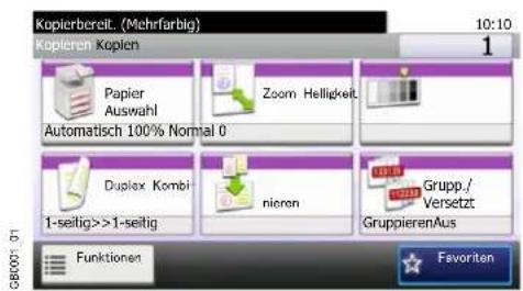 Kopierbereit. (Mehrfarbig) 10:10 Kopieren Kopien Papier Auswahl Automatisch 100% Normal 0 Zoom Helligkeit Duplex Kombi 1-seitig>>1-seitig nieren Grupp./ Versetzt GruppierenAus Funktionen Favorites