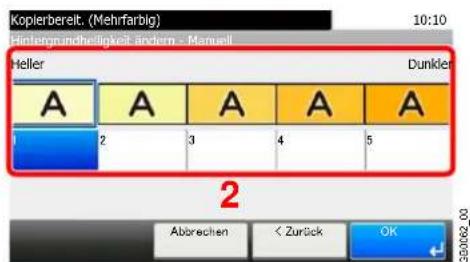 Kopierbereit. (Mehrfarbig) Hintergrundhelligkeit ändern - Manuell Heller Dunkler A A A A A 2 3 4 5 2 Abbrechen < Zurück OK G00062.00