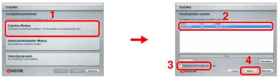 Installier Installationsmethode 1 Express-Modus Explichte Disksoftware installieren. Das Drucksystem muss angegeben von: Benutzerdefinaster Modus Benutzerfriere Installation werden. Dienstprogramen Die Drucksystem Tools installieren. 3 KNDICERA Installier Drucksystem suchen Zinschrechte Drucksystem ausfallen oder 2 Drucksystem suchen Zinschrechte Drucksystem ausfallen oder 4 Drucksystem ausfallen oder Zinschrechte Drucksystem ausfallen oder 5 DruckSystem +/-