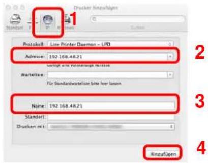 Drucker hinzufügen Protokell: Live Printer Daemon - LPD Adress: 192.168.48.21 Wartellise: For standardwartellise bits less lassen Name: 192.168.48.21 Standert: Drucken mit: Kinzufügen