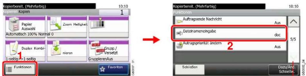 Kopierbereit. (Mehrfarbig) 10:10 Kopieren Kopien 1 Papier Auswahl Zoom Helligkeit Automatisch 100% Normal 0 Duplex Kombi- nioren Grupp./ Versetzt 1-seitig->1-seitig Funktionen Favoriten Kopierbereit. (Mehrfarbig) 10:10 Funktionen Auftragsende Nachricht Aus Datelnameneingabe doc 5/5 Autragspriorität ändern Aus Schließen Dazu/And. Schnelly
