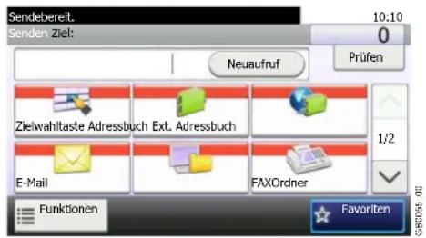Sendebereit. 10:10 0 Senden Ziel: Neuaufruf Prüfen Zielwahltaste Adressbuch Ext. Adressbuch E-Mail FAXOrdner 1/2 Funktionen Favorite