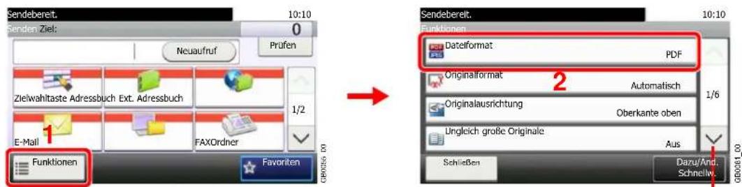 Sendebereit. 10:10 0 Senden Ziel: Neuaufruf Prüfen Zielwahltaste Adressbuch Ext. Adressbuch 1/2 E-Mail FAXOrdner Funktionen Favorite GBDB25-00 Sendebereit. 10:10 Funktionen Dateformat PDF Originalformat Automatisch 1/6 Originalausrichtung Oberkante oben Ungleich große Originale Aus Schließen Dazu/And. Schnellw. GBDB25-00