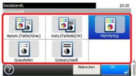 Sendebereit. 10:10 Farbauswahl Autom.(Farbe/Grau) Auto.(Farbe&S/W) Mehrfarbig Graustufen Schwarz/weiß ? Abbrechen OK
