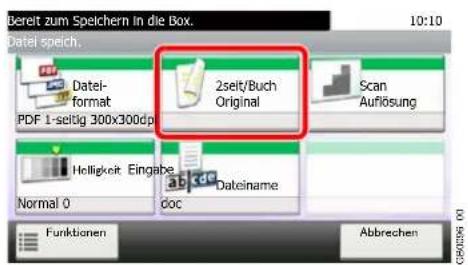 Bereit zum Speichern in die Box. 10:10 Datei speich. Datei- format PDF 1-seitig 300x300dpi 2seit/Buch Original Scan Auflösung Helligkeit Eingabe Normal 0 doc Dateiname abcc Funktionen Abbrechen