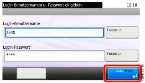 Login-Benutzernamen u. Passwort eingeben. 10:10 Login-Benutzername 2500 Tastatur Login-Password **** Tastatur Login Menu