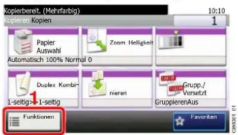 Kopierbereit. (Mehrfarbig) 10:10 Kopieren Kopien Papier Auswahl Automatisch 100% Normal 0 Zoom Helligkeit Duplex Kombi- 1-seltig->1-seltig nieren Grupp./ Versetzt GrupplerenAus Funktionen Favorite GB0001 01