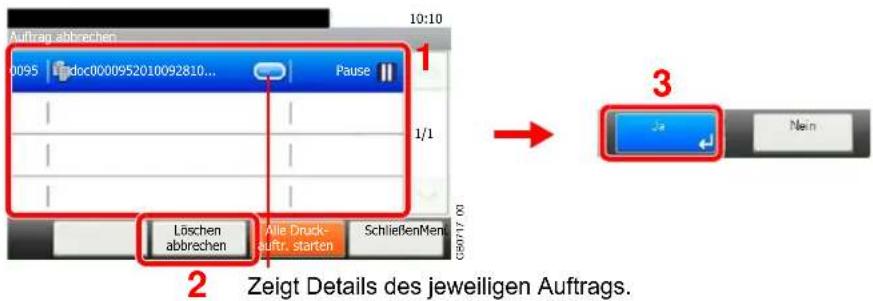 Auftrag abbrechen 0095 Endoc0000952010092810... Pause Löschen abbrechen Alle Druck- auftr. starten SchließenMent G50717 00 1/1 10:10 1 2 Zeigt Details des jeweiligen Auftrags. 3 Nein