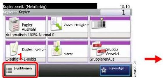 Kopierbereit. (Mehrfarbig) 10:10 Kopieren Kopien 1 Papier Auswahl Automatisch 100% Normal 0 Zoom Helligkeit Duplex Kombi- 1-selbig:->1-selbig nieren Grupp./ Versetzt GrupplierenAus Funktionen Favorite