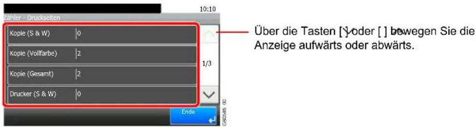 Zahler - Druckselten Kople (S & W) | 0 Kople (Vollfarbe) | 2 Kople (Gesamt) | 2 Drucker (S & W) | 0 Über die Tasten [ ] oder [ ] bewegen Sie die Anzeige aufwärts oder abwärts. 1/3 Ende