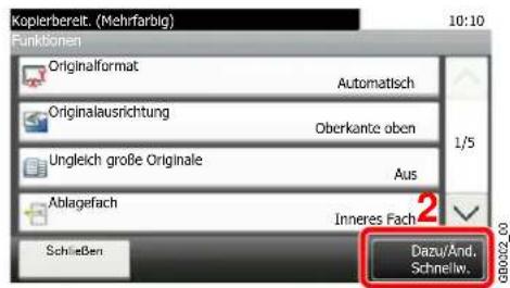 Kopierbereit. (Mehrfarbig) 10:10 Funktionen Originalformat Automatisch Originalausrichtung Oberkante oben 1/5 Ungleich große Originale Aus Ablagefach Inneres Fach Schließen Dazu/And. Schnellw. GB002_09
