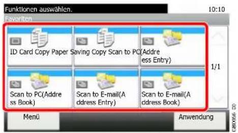 Funktionen auswählen. 10:10 Favorite ID Card Copy Paper Saving Copy Scan to PC(Address Entry) Scan to PC(Address Book) Scan to E-mail(Address Entry) Scan to E-mail(Address Book) Menü Anwendung GB0056 03