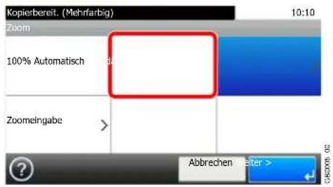 Kopierbereit. (Mehrfarbig) Zoom 100% Automatisch Zoomeingabe Abbrechen Meter >