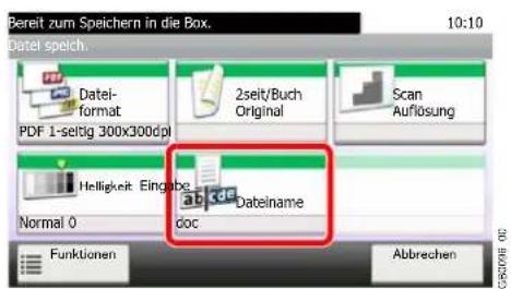 Bereit zum Speichern in die Box. 10:10 Datel speich. Datei- format PDF 1-seitig 300x300dpi 2seit/Buch Original Scan Auflösung Helligkeit Eingabe Normal 0 doc Dateiname ab360 Funktionen Abbrechen