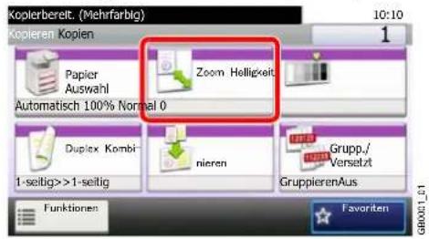 Kopierbereit. (Mehrfarbig) 10:10 1 Kopieren Kopien Papier Auswahl Automatisch 100% Normal 0 Zoom Helligkeit Duplex Kombi- 1-seitig>>1-seitig nieren Grupp./ Versetzt GruppierenAus Funktionen Favorite GB0011_01