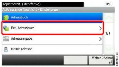 Kopierbereit. (Mehrfarbig) Auftragsende Nachricht - Einsbelungen Adressbuch Ext. Adressbuch 1/1 Adresseingabe Meine Adresse Woiter >Abbrod