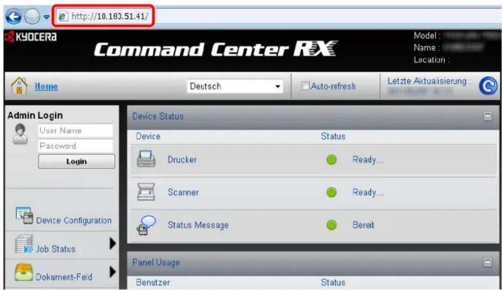 http://10.183.51.41/ Command Center RX Home Deutsch Auto-refresh Letzte Aktualisierung Admin Login User Name Password Login Device Status Device Status Drucker Ready... Scanner Ready... Status Message Bereit Job Status Dokument-Feld Panel Usage Benutzer Status