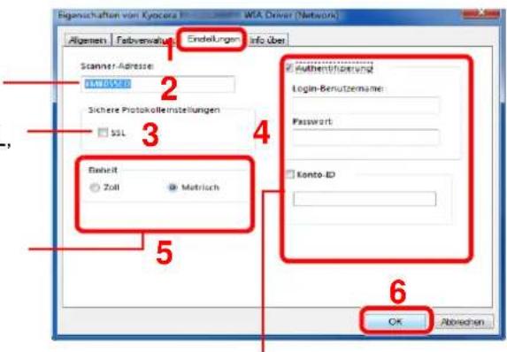 Eigenschaften von Cyocera WFA Driver (Network) Algemein | Fadverwaltung | Endelungen | Info über Scanner-Adresse FORMATISED Sichere Protokolleinstellungen SSL Einheit Zoll | Metrisch Authenticativerg Login-Benutzername: Password Konto-ID OK Abbrechen