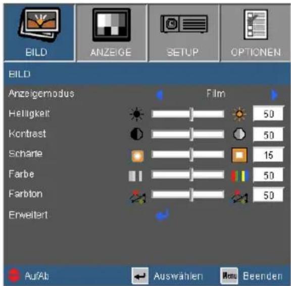 BILD ANZEIGE SETUP OPTIONEN BILD Anzeigemodus Film Helligkeit 50 Krontrast 50 Scharie 15 Farbe 50 Farbton 50 Erweitert AufAb Auswahlen Menu Beenden