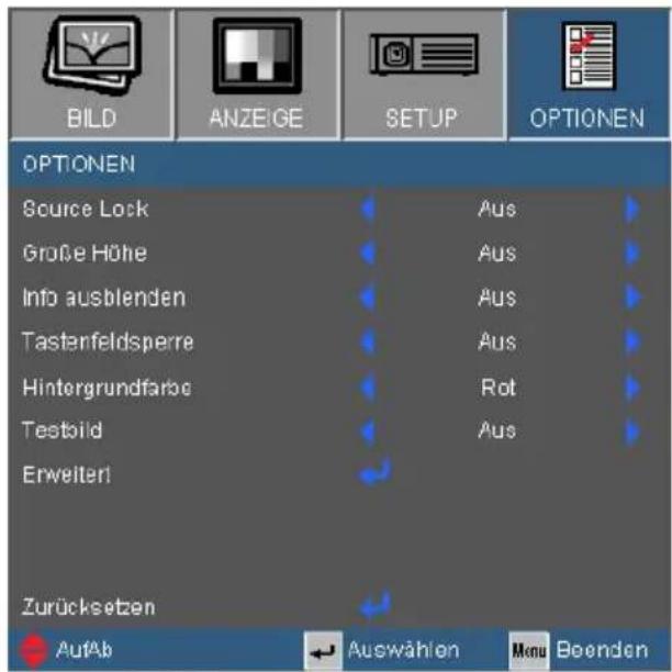 BILD ANZEIGE SETUP OPTIONEN OPTIONEN Source Lock Aus Große Höhe Aus Info ausblenden Aus Tasterfeldspierre Aus Hintergrundfarbe Rot Testbild Aus Erweiteri Zurücksetzen AufAb Auswählen Menu Boenden