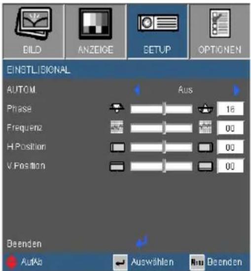 BILD ANZEIGE SETUP OPTIONEN EINSTLISIONAL AUTOM Phase Frequenz H Position V Position Aus 16 00 00 00 Deenden Aufs Auswählen Deenden