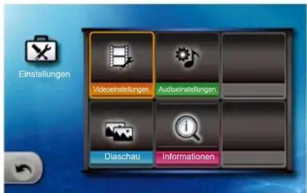Einstellungen Videoeinstellungen Audioeinstellungen Diaschau Informationen