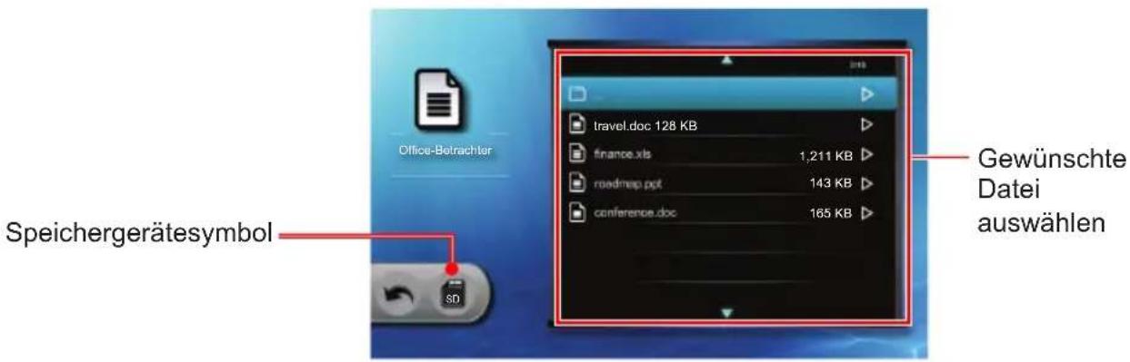 Office-Betrachter Speichergerätesymbol SD Travel.doc 128 KB finance.xls 1,211 KB roadmap.ppt 143 KB conference.doc 165 KB Gewünschte Datei auswählen