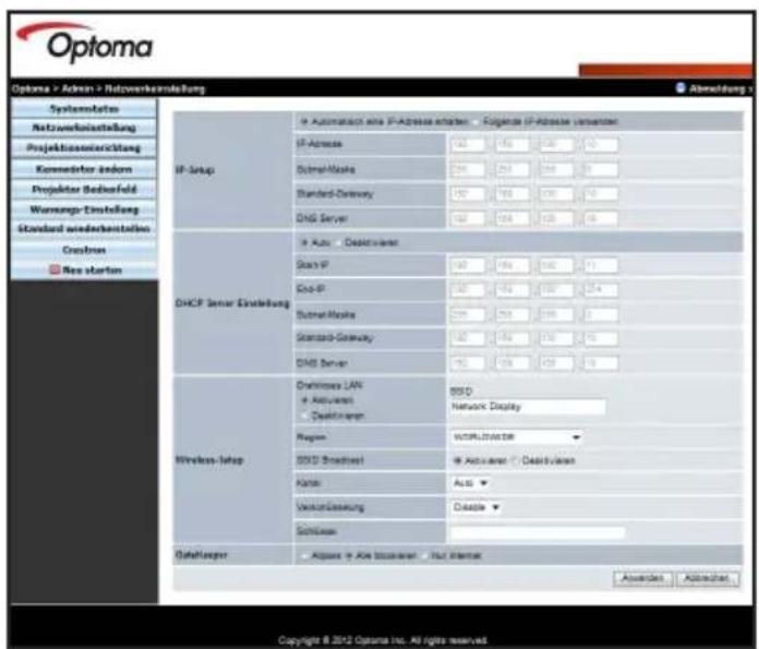 Optoma Systemstation Netzwerkstattung Projektionsvericherung Kommodator andem Projekter Bedwafeld Wannungs-Einstellung Standard wiederkstattungen Cronkrom New starten IP-Setup IP-Adress IP-Address Subnet-Maple Standard-Canway DNS Server DHCP Server Einstellung Auto - Debitumen Start-IP Auto-IP Subnet-Maple Standard-Canway DNS Server DHCP Server LAN Activaten • Debitumen Network Display Region 8000 Broadnet Activaten • Debitumen Kobe Auto Verka-Gesamtung Delete Schlossen DataMaker Access = Ate Iccident - Not Internet Abwicklung Accession Copyright © 2012 Optoma Inc. All rights reserved.