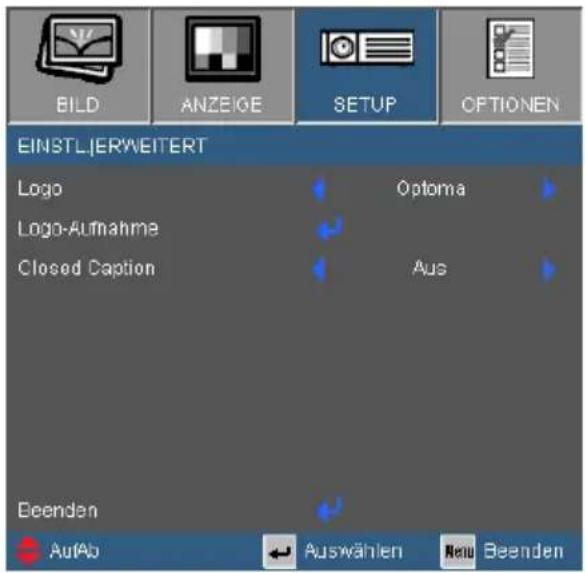 BILD ANZEIGE SETUP OPTIONEN EINSTLIERWEITERT Logo Optoma Logo-Aufnahme Closed Caption Aus Beenden AufAb Auswählen Menu Beenden