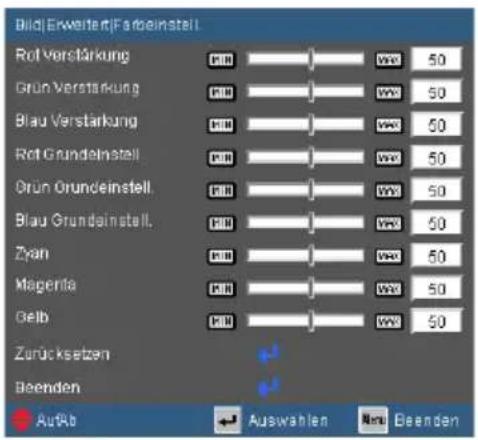 Bildj Erweiterj Farmeinstell Rot Verstärkung Grün Verstärkung Blau Verstärkung Rot Grundelnstell Grün Grundelnstell Blau Grundelnstell Zyan Magenta Belb Zurücksetzen Beenden AuRb Auswahlen New Beenden