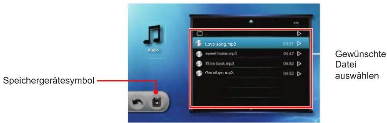 Audio Speichergerätesymbol SD Love song.mp3 03:31 sweet home.mp3 04:47 I'll be back.mp3 04:52 Goodbye.mp3 04:52 Gewünschte Datei auswählen