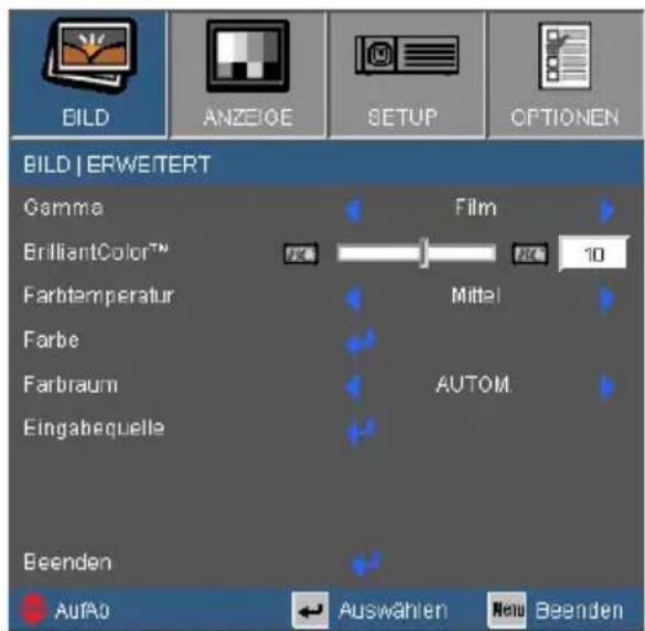 BILD | ERWEITERT Gamma BrilliantColor™ Farbtemperatur Farbe Farbraum Eingabequelle Film Mittel AUTOM Beenden AuFAO Auswahlen New Beenden