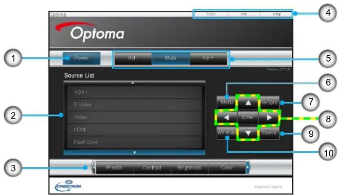 Optoma Tools Info Help Power Vol- Mute Vol+ Source List VQA 1 S-Video Video HDMI Flash Drive Menu Re-Sync Enter AV Mute Source Freeze Contrast Brightness Color 4 5 6 7 8 9 10 CRESTRON Extension Options