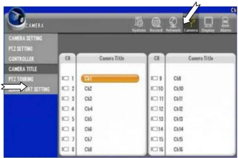 CAMERA CAMERA SETTING PTZ SETTING CONTROLLER CAMERA TITLE PTZ TOURING CAMERA PORT SETTING CII Camera Title CH Camera Title C1 9 Ch8 C2 10 Ch10 C3 11 Ch11 C4 12 Ch12 C5 13 Ch13 C6 14 Ch14 C7 15 Ch15 C8 16 Ch16