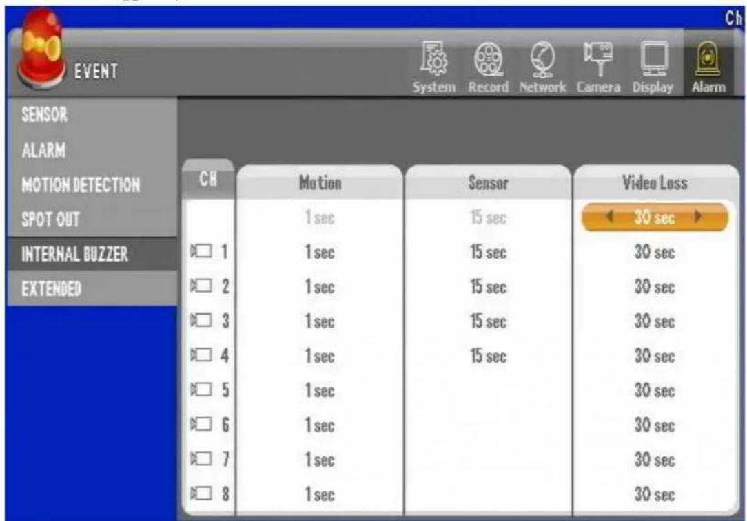 EVENT System Record Network Camera Display Alarm SENSOR ALARM MOTION DETECTION CH Motion Sensor Video Loss 1 sec 15 sec 30 sec 1 sec 15 sec 30 sec 1 sec 15 sec 30 sec 1 sec 15 sec 30 sec 1 sec 1 sec 30 sec 6 1 sec 30 sec 7 1 sec 30 sec 8 1 sec 30 sec