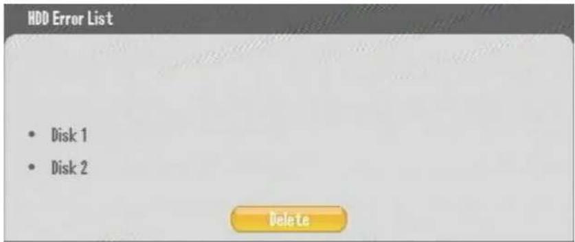 HDD Error List • Disk 1 • Disk 2 Delete