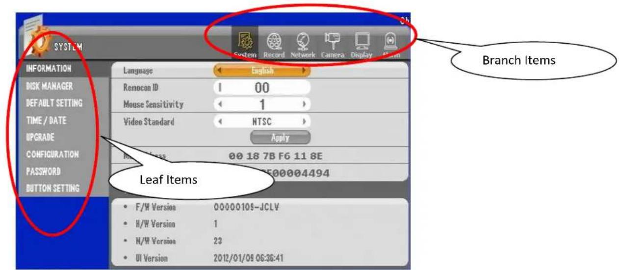 SYSTEM INFORMATION DISK MANAGER DEFAULT SETTING TIME / DATE UPGRADE CONFIGURATION PASSWORD BUTTON SETTING Language English Remocon ID 1 00 Mouse Sensitivity 1 Video Standard NTSC Apply No. of less 00 18 7B F6 11 8E F/W Version 00000109-JCLV H/W Version 1 N/W Version 23 UI Version 2012/01/09 06:36:41 Branch Items Leaf Items